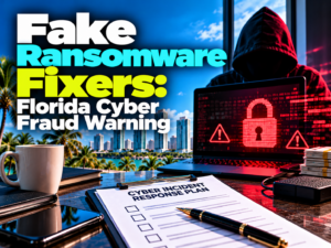 Ransomware warning on an office desk computer, cyber insurance risk for Florida businesses