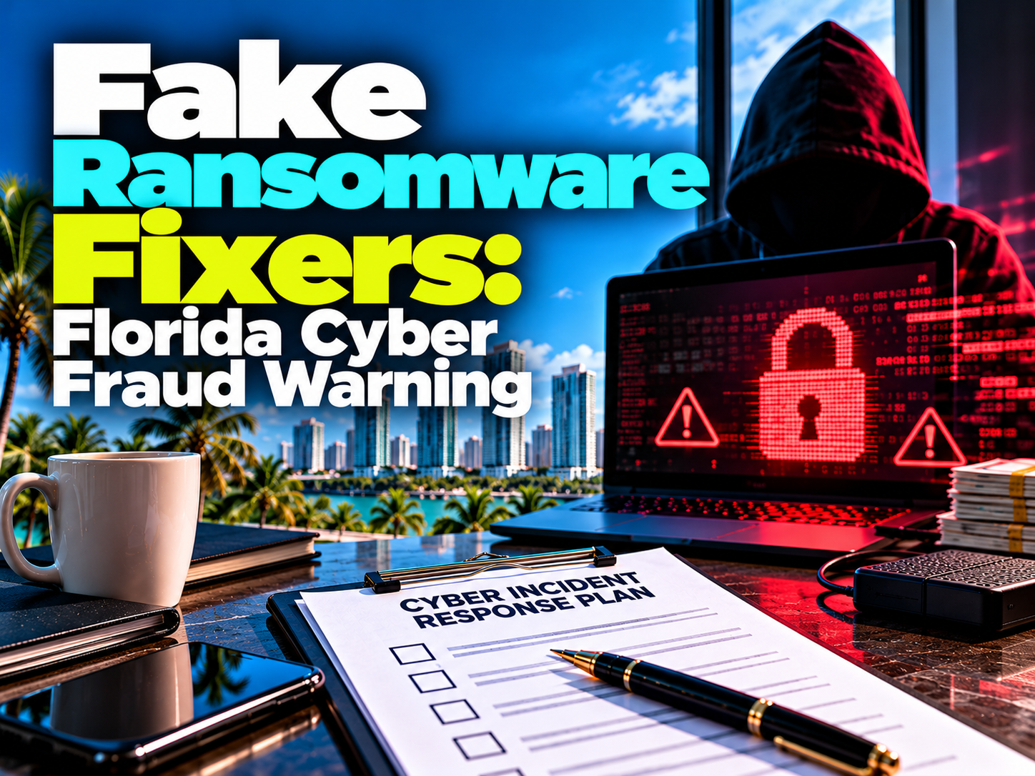 Ransomware warning on an office desk computer, cyber insurance risk for Florida businesses